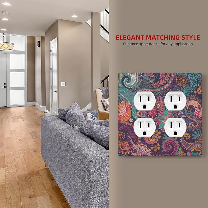 Mandala Boho Paisley Purple Floral Colorful Flower Outlet Covers 2 Gang Double Duplex Decorative Light Switch Covers Electrical Wallplates Socket Faceplate for Home Bedroom Decor