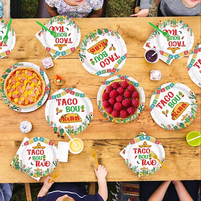 96Pcs Mexican Baby Shower Decorations Taco Bout Twins Plates and Napkins Mexico Fiesta Gender Reveal Decoration Favors for Kids Mexican Baby Shower Taco Theme Birthday Party Supplies Serves 24