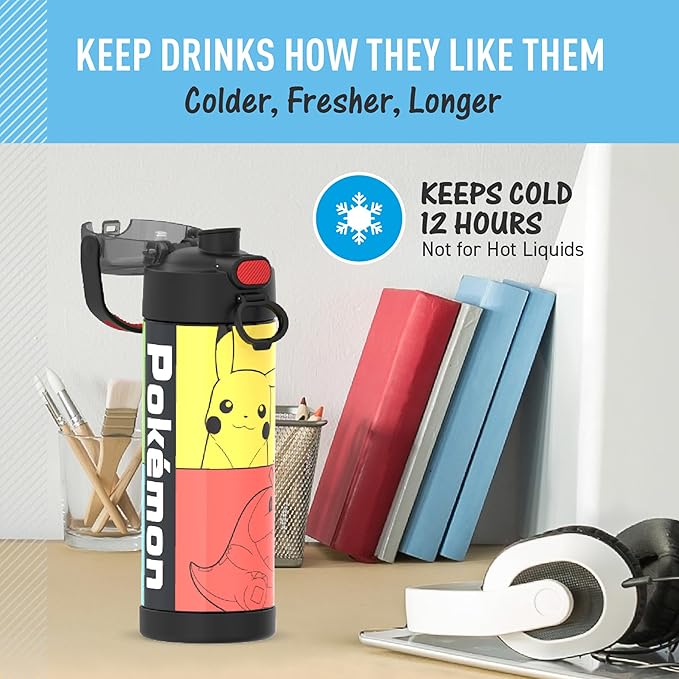 THERMOS FUNTAINER 16 Ounce Stainless Steel Vacuum Insulated Bottle with Wide Spout Lid, Pokemon