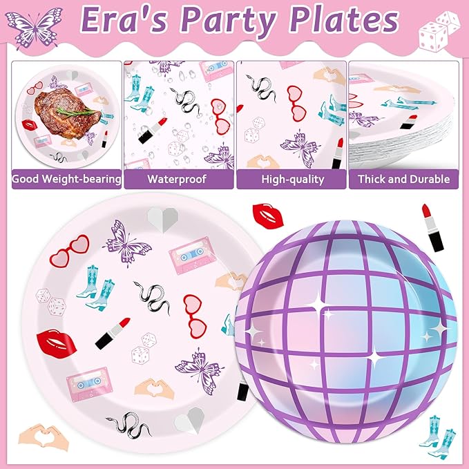 96Pcs Era's Birthday Party Plates and Napkin Women Music Birthday Party Supplies Iridescent Disco Dessert Plates Music Tableware Set for 24 Guest Bachelorette Decorations