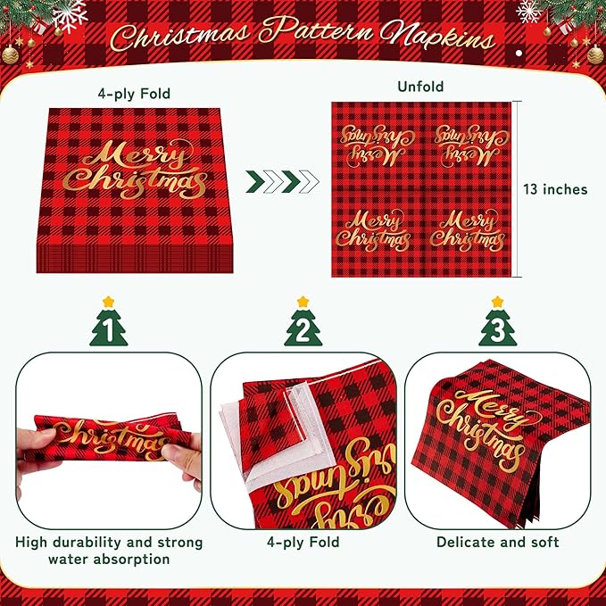 72PCS Christmas Plates and Napkins for Party Decorations, Set of 24 Merry Christmas Disposable Tableware Supplies, Gnome Red Plaid Paper Plates for Xmas Party