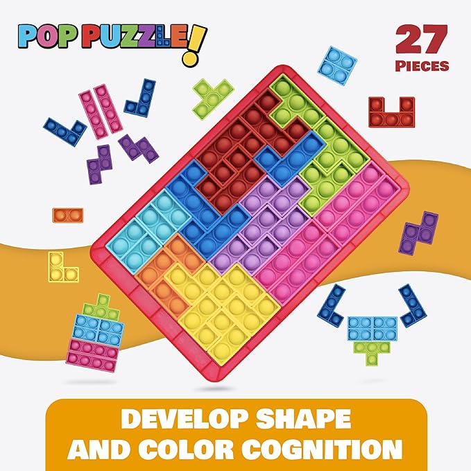 Power Your Fun Pop Puzzle Popper Fidget Game - 27pc Jigsaw Puzzle Game Pop Push It Bubble Sensory Fidget Toys for Learning, Stress Relief Silicone Push It Popper Board for Kids and Adults (Red)