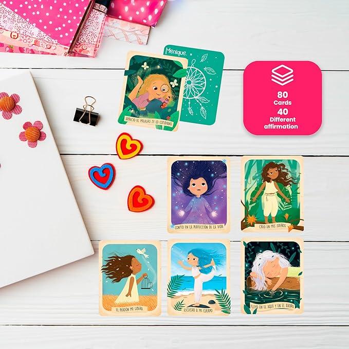 Menique Brilla Memory Matching Game – Spanish Edition – 80 Cards (40 Pairs) with Positive Affirmations for Brave Girls – Mindful Matching Game in Spanish for Confidence and Self-Love