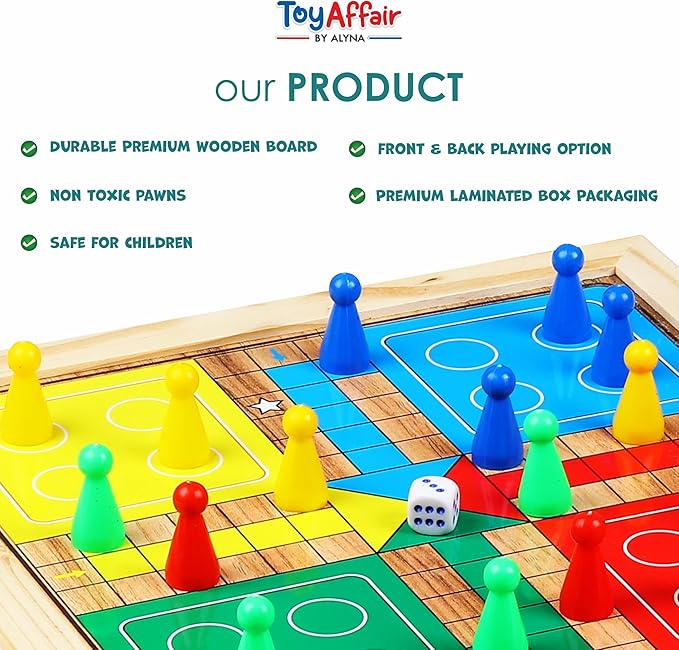 Ankit Toys & Games 5-in-1 Wooden Board Game Set Includes Ludo, Snakes & Ladders, Chess, Checkers, and Tic Tac Toe. Portable Fun for Kids, Adults and Family Game Nights | 2 Reversible Boards