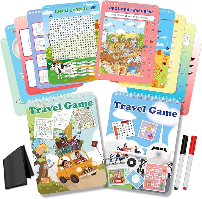 Elfew 2 Pack Reusable Activity Game for Kids Ages 4-8, 8-12,Travel Games Include 56 Different Game,1-2 Players,Toy & Learning Tool for Road Trip Airplane Activity