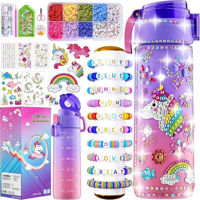 BOOH Gifts for Girls 4-12, Decorate Your Own Water Bottle Kits for Girls, Unicorn Diamond Painting Toys & Friendship Bracelet Kit, Fun Arts Crafts for Kids Ages 4-6-8-10, Birthday Gifts Toys for Kids