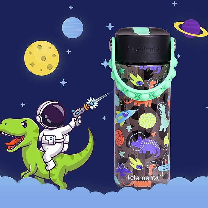 Elemental Water Bottles for Kids - Splash Kids Water Bottle for School with Pop-it Handle - BPA Free Tritan Plastic Water Bottle with Straw Leak Proof when Spout is Closed - Space Dinosaur - 18oz