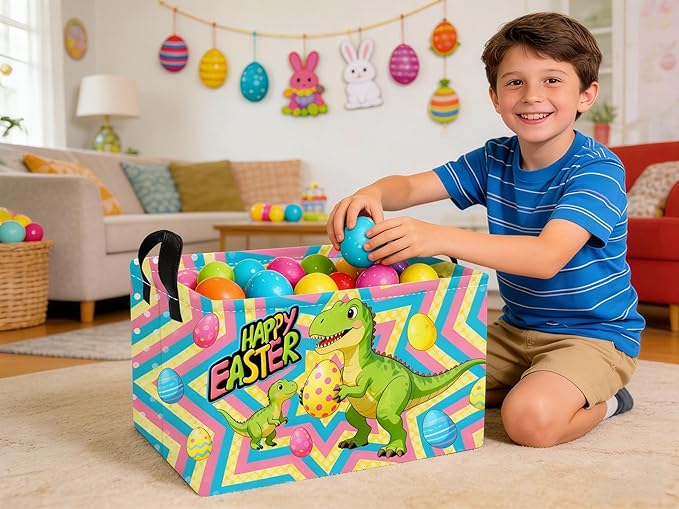 Essme Rectangular Easter Dinosaur Baskets,Kids Storage Basket with Handles for Boys Room Decor, Boys Box,Cute Storage Bin（Easter dinosaur）