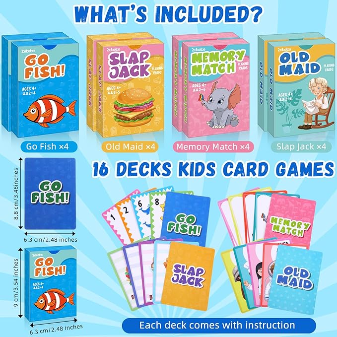 Zubebe 16 Decks Kids Card Games Bulk Operation Christmas Classic 4 In1 Includes Go Fish, Old Maid, Memory Match, Slap Jack Playing Card Game Set for Toddlers Family Game Night Basket Stuffers