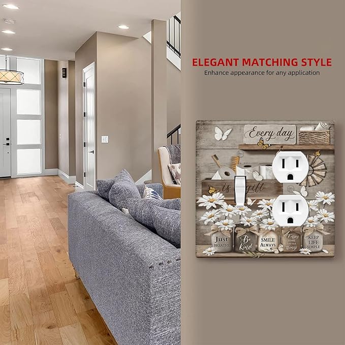 Rustic Daisy Flower Butterfly Inspirational Cottage Wallplates 1 Toggle 1 Duplex Switch Plate Electrical GFCI Faceplate Decorative Light Switch Covers for Farmhouse Bedroom Decor