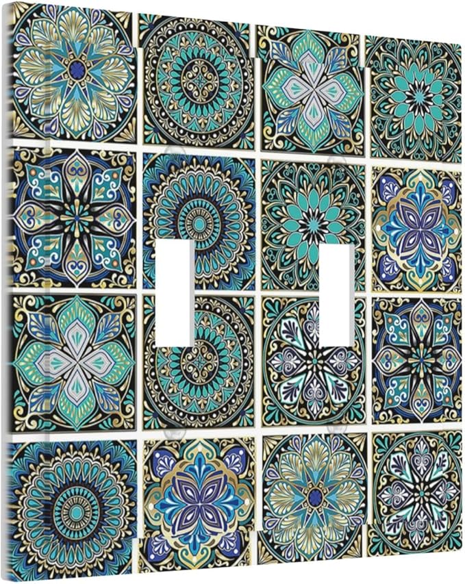 Decorative Switch Plates Mandala Decorative Rustic Vintage Turquoise Pattern 2 Gang Double Toggle Outlet Light Switch Cover Wall Plate Electrical Faceplate for Bedroom Bathroom Decor
