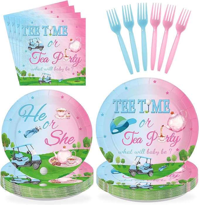 96 Pcs Golf Gender Reveal Decorations Blue Or Pink Golf Gender Reveal Plates and Napkins Tee Time He Or She Tableware Set for Boys Girls Baby Shower Birthday Party Supplies Serves 24