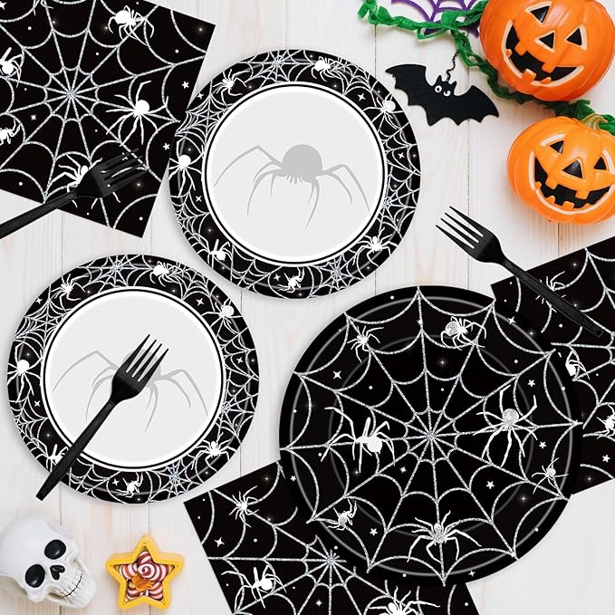 96 Pcs Halloween Plates and Napkins Set - Black Spider Webs Dinner Dessert Paper Plates Cocktail Napkins Forks Disposable Tableware for Spiderweb Halloween Party Decorations Supplies Favors, Serve 24