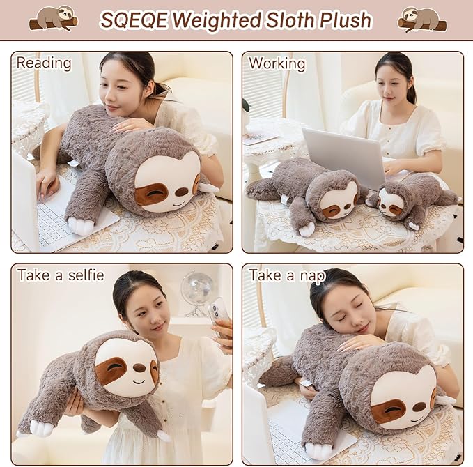 SQEQE Weighted Stuffed Animals Sloth Plush, Weighted Sloth Stuffed Animals Plushies, Soft Pillow Toy for Kids Adults, Valentines & Birthday Gifts 9.8 Inch, 0.8 Lb