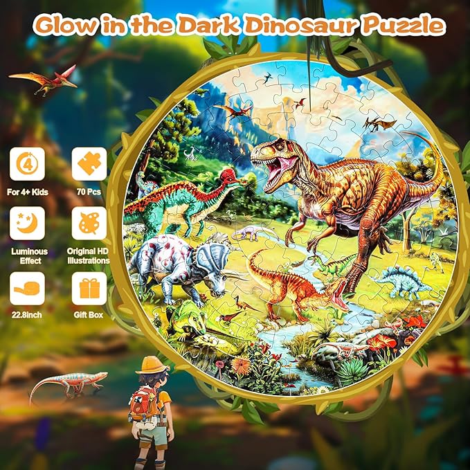Glow-in-The-Dark Dinosaur Floor Puzzles for Kids Ages 4-6, Kids Jigsaw Puzzles Ages 6-8, 70PCS Large Round Dino Educational Puzzle Toys for 3 4 5 6 7 8 Years Old Children, Easter Gifts for Kids