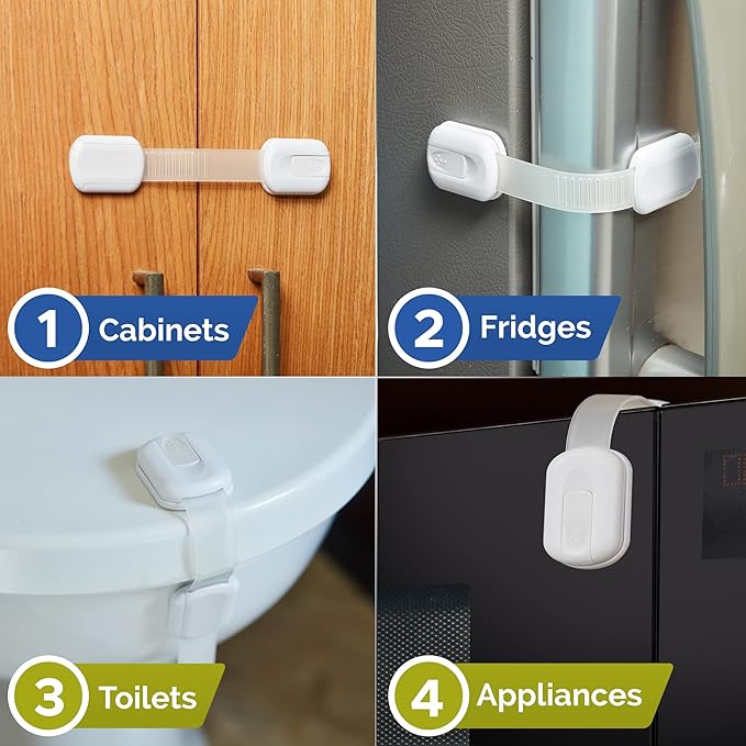 Child Safety Strap Locks (4 Pack) Baby Locks for Cabinets and Drawers, Toilet, Fridge & More. 3M Adhesive Pads. Easy Installation, No Drilling Required, White