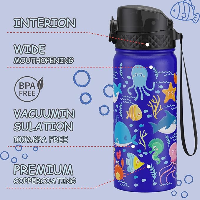 GOPPUS Kids Water Bottle (Straw Lid) - 18 Oz Stainless Steel Travel Bottle, Double Wall Vacuum Leak Proof Kids Cup for School Boys Girls,Under the Sea
