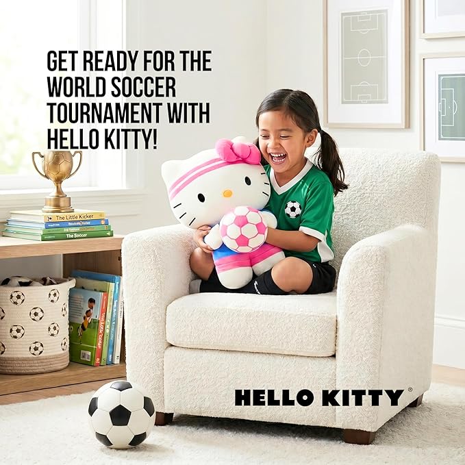 Hello Kitty Sports Soccer Plush Cuddle Pillow Buddy, Kids Bedding Super Soft Kawaii Pillow, 16.5" Tall, 2026 World Soccer Tournament (Officially Licensed Product) by Franco Collectibles