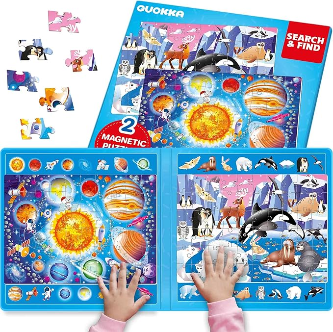 QUOKKA Magnetic Puzzles for Toddlers 3-5 – Search & Find 2 Pack 60 Pieces Each – Travel Friendly Board with Hidden Objects, Space Map and Polar Animals – Educational Puzzle Gift for 3 Year Olds