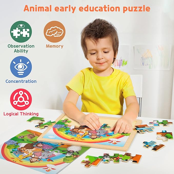 SYNARRY Large Animals Wooden Puzzles for Kids 4 in 1 Gift Box(12.2 * 9.4 in), Jigsaw Puzzles for Toddlers 3-5, Puzzles for Kids Ages 4-6, Easter Basket Stuffers Gifts Toys for Kids