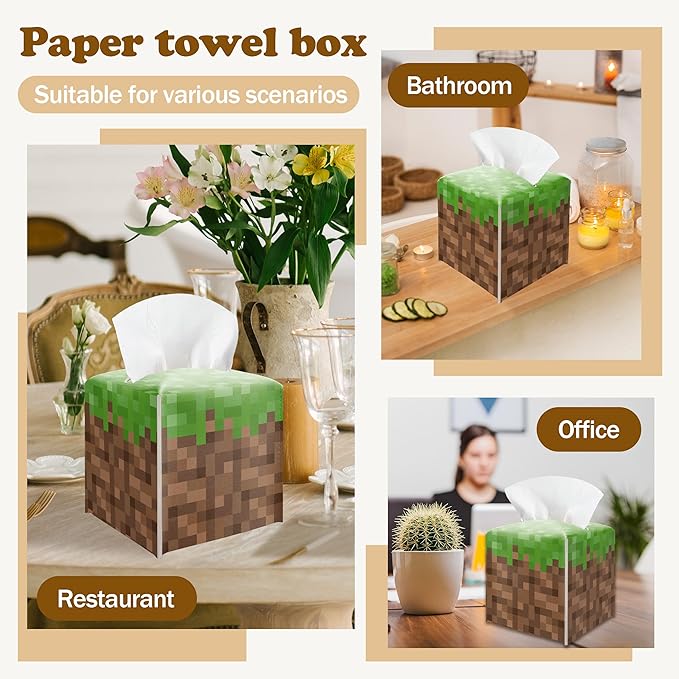 Pixel Grass Block Square Leather Tissue Box Cover – Pixel Theme Party Tissue Box Cover Holder Square, Pixelated Decor for Bathroom Nightstand Kitchen, Birthday Party Gift for Kids & Their Friends
