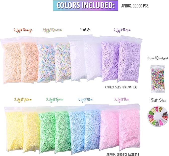 Slime Foam Beads Floam Balls – 18 Pack Pastel Microfoam Beads Kit 0.1-0.14 inch (90,000 Pcs) Micro Colors Rainbow Fruit Beads Craft Add ins Homemade DIY Kids Ingredients Flote Microbeads Supplies