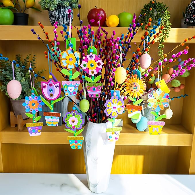 Winlyn 24 Sets Potted Flower Craft Kits DIY Potted Flower Ornaments Decorations Tulip Sunflower Foam Stickers Arts and Crafts for Kids Classroom Activities Birthday Spring Summer Camping Party Favors
