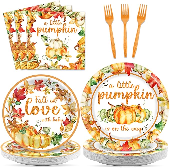 96 Pcs Little Pumpkin Baby Shower Party Plates Napkins Tableware Set Fall Baby Shower Supplies Disposable Dinnerware A Little Pumpkin is On The Way Decoration Favors for Thanksgiving Party，24 Guests