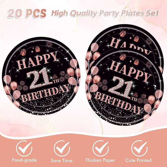 Ryzovo 41Pcs 21st Birthday Tableware Decorations for Women Girls Rose Gold Happy 21 Birthday Party Supplies for Her Includes Tablecloth,Plates,Napkins for Sweet Girls 21st Birthday Party