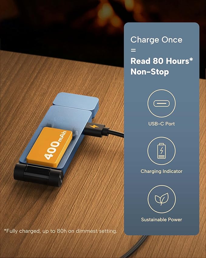 86lux Book Light, Rechargeable Clip-On LED Reading Light for Bed & Night Use - 3 Color Temperatures with Stepless Dimming, Ultralight Bookmark Design for Kids, Book Lovers, Blue