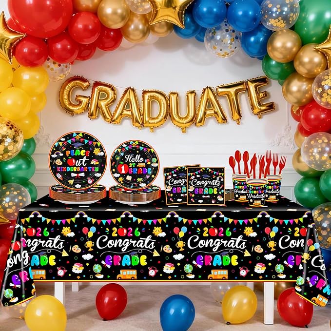 Kindergarten Graduation Decorations 169 Pcs 2026 Congrats Grad Plates Napkins Cups Tablecloth Tableware Set Peace Out Kindergarten Graduation Party Supplies Serve 24