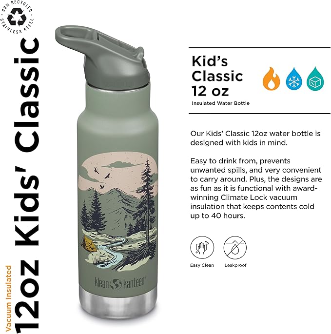 Klean Kanteen 12 oz Classic Kid's Insulated Water Bottle with Flip Seal Sport Cap - 100% Leakproof Cap - BPA-Free - Stainless Steel Material - Mountain Scape