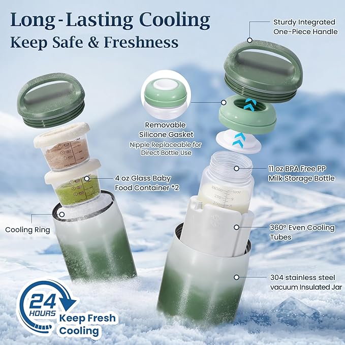 3-in-1 Breast Milk Cooler for 24H 360° Cooling, 11oz Breastmilk Chiller with Bottle & 8oz Baby Food Containers & 27oz Insulated Food Jar, Fits from Baby to Adult for Outdoor, Work & Travel - Green