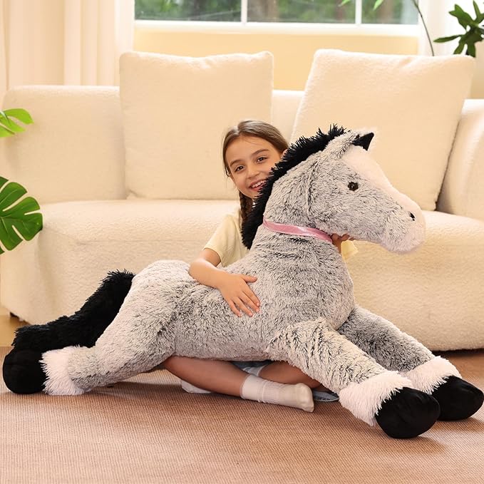 Tezituor 47inches Giant Horse Stuffed Animal, 4ft Long Realistic Horse Farm Plush Body Pillow for Boys Girls, Hugging Soft Pony Plush Toy Gift for Birthday Valentine's Day Decoration