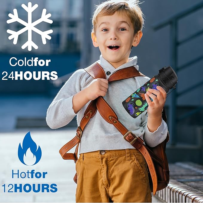 GOPPUS Kids Water Bottle (Straw Lid) - 18 Oz Stainless Steel Travel Bottle, Double Wall Vacuum Leak Proof Kids Cup for School Boys Girls,Space dinosaur