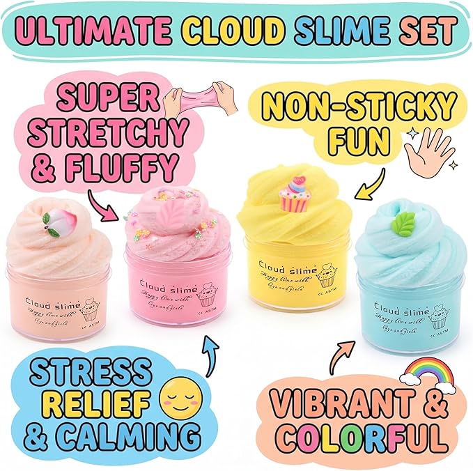 4 Pack Cloud Slime Kit, DIY Stress Relief Toy with Cute Slime Fun Charms, for Kids Party Favors, Girls Boys Birthday Gift