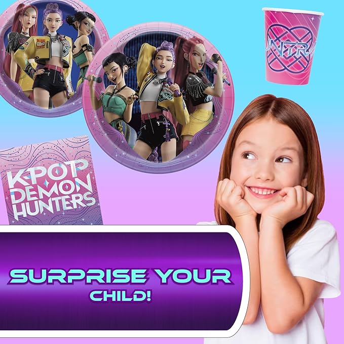 Unique K-Pop Demon Hunters Party Supplies | Complete Tableware Set | Serves 16 | Officially Licensed | Plates, Cups, Napkins, And Cutlery | Birthday Tableware For Kids, Buffets, Easy Cleanup