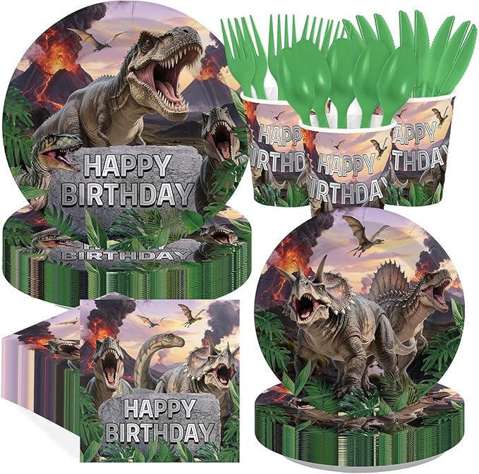 168Pcs Dinosaur Birthday Party Supplies Classic Dino Themed Paper Plates Napkins Cups Realistic Dinosaur Jungle Disposable Tableware for Kids Boys Birthday Party Decorations Serves 24