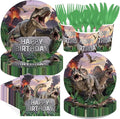168Pcs Dinosaur Birthday Party Supplies Classic Dino Themed Paper Plates Napkins Cups Realistic Dinosaur Jungle Disposable Tableware for Kids Boys Birthday Party Decorations Serves 24