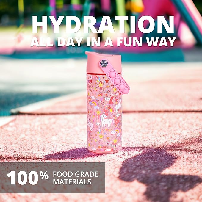 Elemental Leak Proof Water Bottles for Kids - Splash Kids Water Bottle for School with Pop-it Handle - Tritan Plastic Water Bottle with Straw - Mermaid & Pink Unicorn - 18oz (2 Pack)