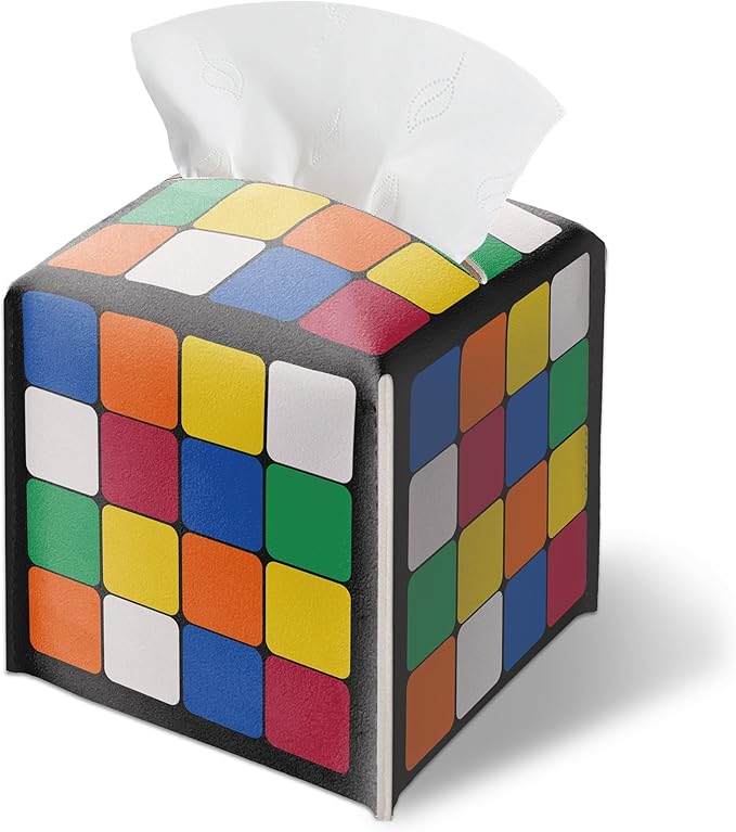 Funny Tissue Box Cover, Magic Cube Tissue Box Cover PU Leather Square, Decorative Facial Paper Organizer for Bathroom, Vanity, Home Office Car Decorations