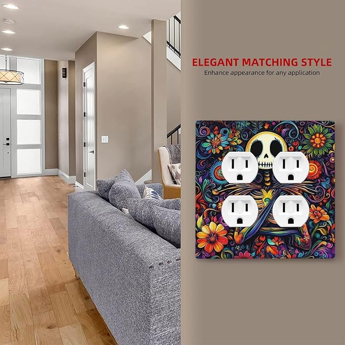 Outlet Covers Colorful Flowers Abstract Skull 2 Gang Double Duplex Decorative Light Switch Covers Electrical Wallplates Socket Faceplate For Home Living Room Decor