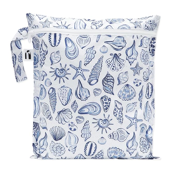 Bumkins Roamio Waterproof Wet Bag for Baby, Travel, Swim Suit, Cloth Diapers, Pump Parts, Pool, Beach, Gym Clothes, Toiletry, Hook to Stroller, Daycare, Zip Reusable Wetdry Packing Pouch, Blue Shells