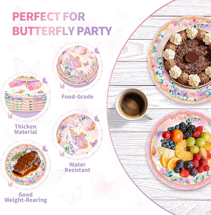 Butterfly Party Supplies for 24 Guests – 96 Pcs Pink Butterfly Disposable Party Tableware Set with Plates, Napkins and Forks, Birthday Decorations for Girls, Baby Shower & Spring Party