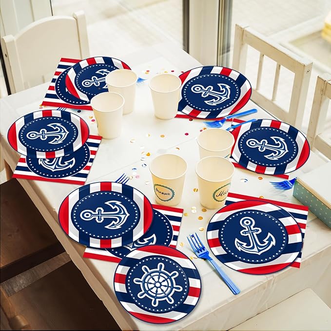 96 Pcs Nautical Anchor Party Plates Napkins Tableware Set Anchor Theme Supplies Disposable Dinnerware Sailor Boat Ship Decoration Favors for Navy Baby Shower Birthday, 24 Guests