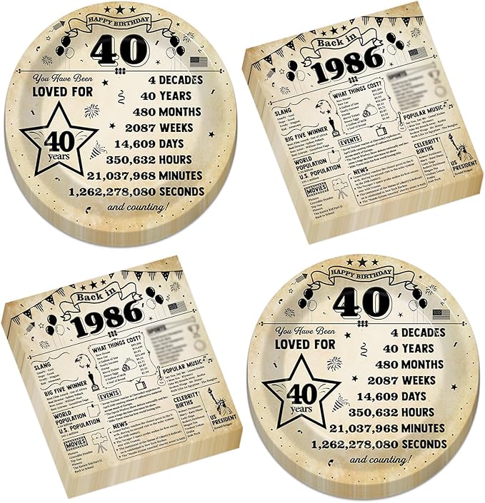 CHUNNIN 50pcs 40th Birthday Plates and Napkins 40 Year Old Birthday Party Decorations Vintage Back in 1986 Dessert Plates Vintage 1986 40th Theme Disposable Tableware Set for Men Women Party Supplies