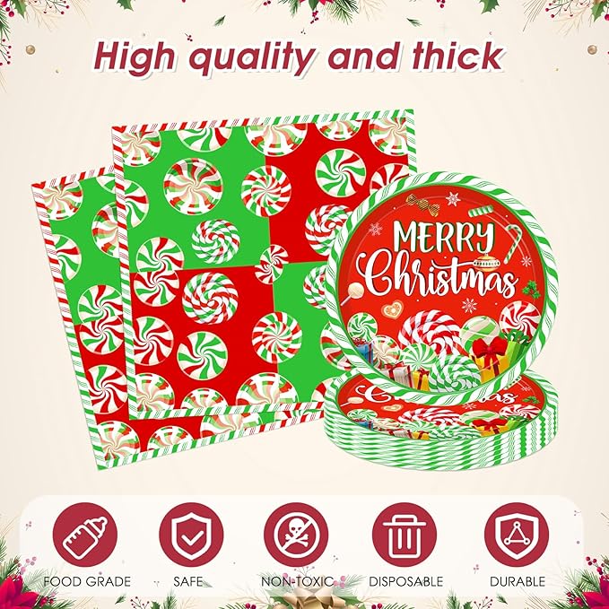 41 Pcs Peppermint Party Tableware Set Include Christmas Candy Cane Paper Plates Napkins and Plastic Tablecloth Red Green Christmas Candy Winter Party Decor for Holiday Xmas