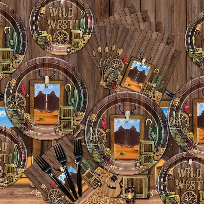 Western Party Decorations - 81 Pcs Plates, Napkins, Western Tablecloth, Black Forks Set for Western Birthday Party Decorations Western Party Supplies, Serve 20