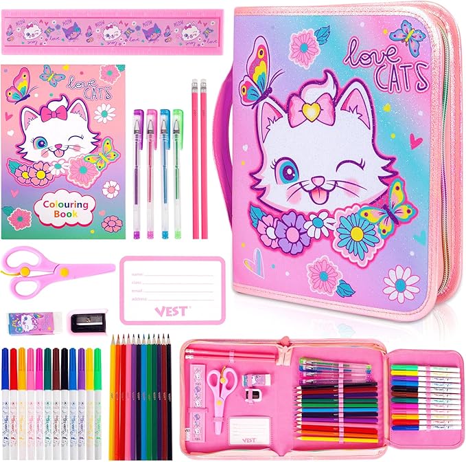 Washable Markers Set with Glitter Pencil Case, Art Supplies for Kids Ages 4-6-8, Arts Crafts Travel Coloring Kit for Girls 4 5 6 7 8 Year Old Birthday Gifts