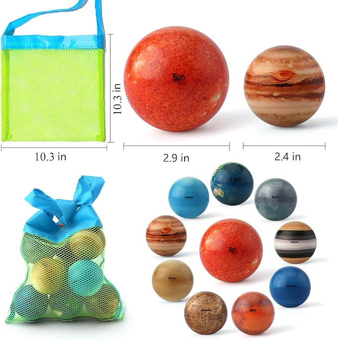 Solar System Planets Toys for Kids, STEM Educational Sensory Toys for Autistic Children Non-Toxic, Space Astronaut Slime Ball Alien Monster Toy Set with Mesh Storing Bag for 3-5-8-10 Boy Girls